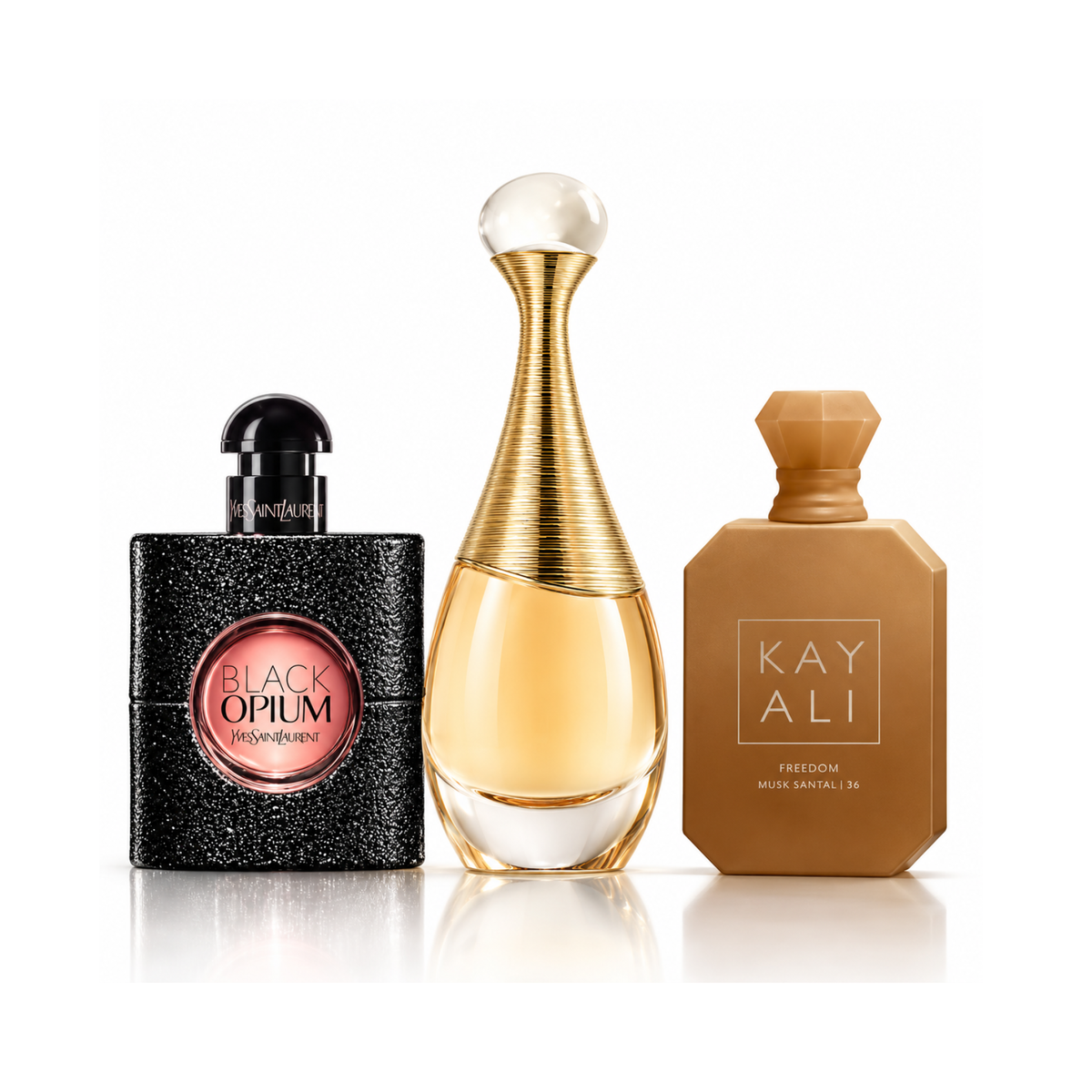 Σετ 3 αρωμάτων | Black Opium YSL Eau de Parfum – 90 ml | J’adore Dior Eau de Parfum – 100 ml | Freedom Musk Santal | 34 Kayali Eau de Parfum – 100 ml